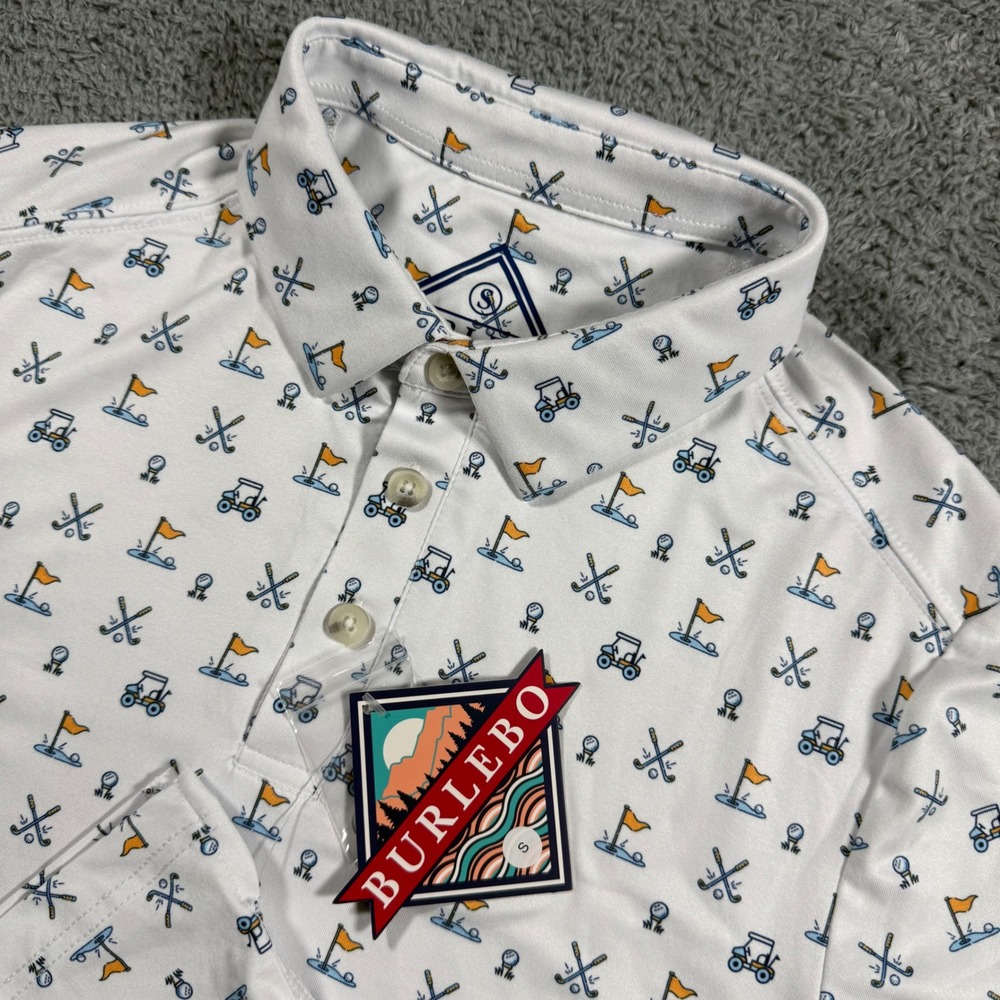 NWT‎ Burlebo Performance Polo Shirt White Golf Cart All Over Print Size Small